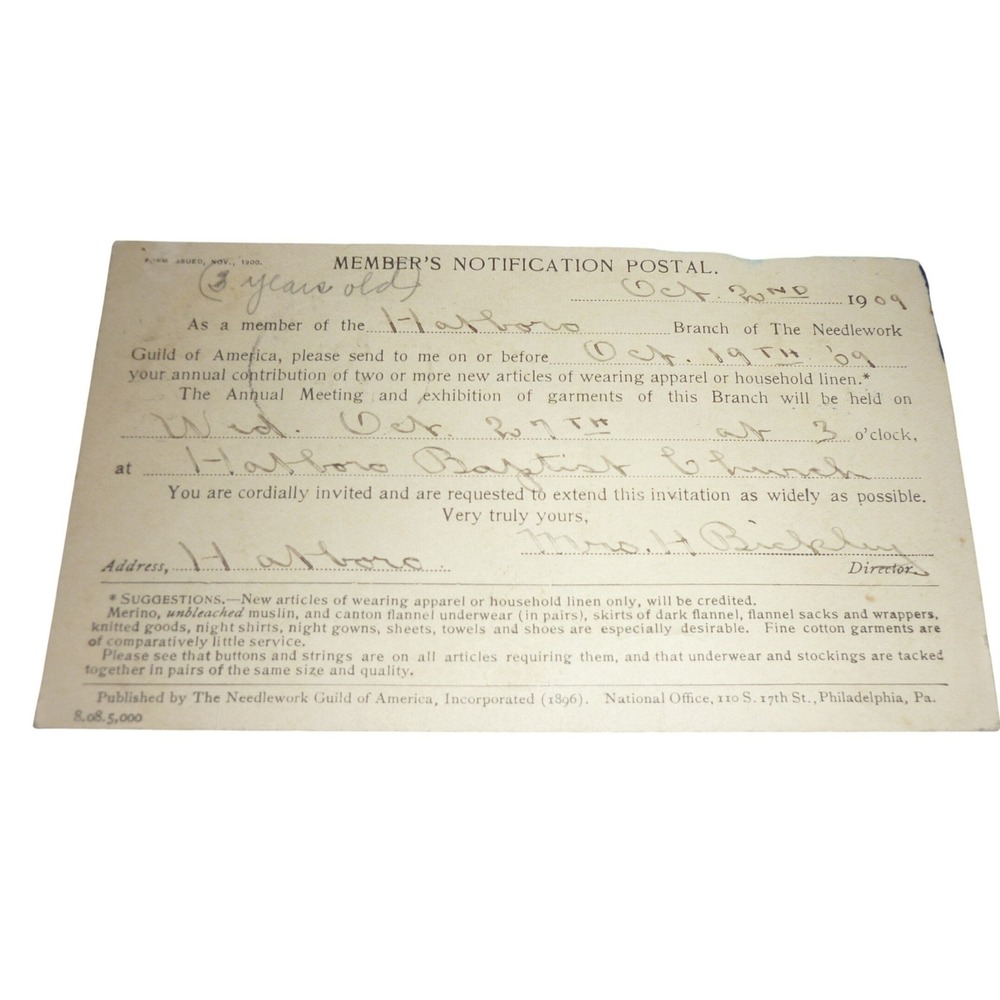 1909 Needlework Guild of America Antique Postal Card Hatboro PA Baptist Church